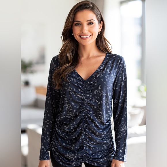 Vince Camuto Tops - Vince Camuto Sheer Ruched Floral Blouse Navy Large